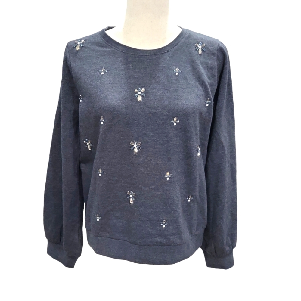 EUC J. Crew women's crewneck rhinestone beaded sweater shirt, dark grey, S
